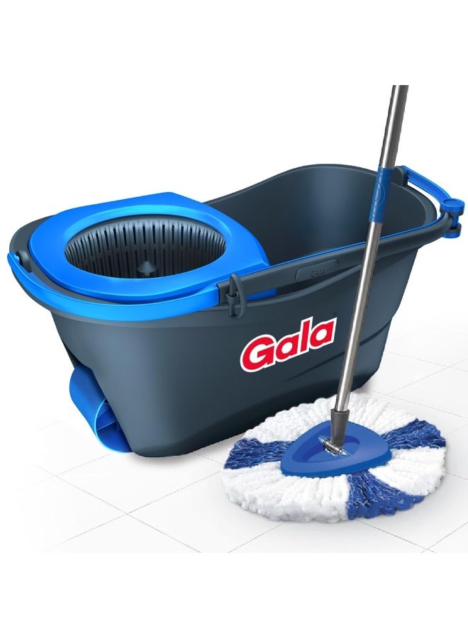 Gala Turbo Spin Mop Removes over 99% bacteria,Triangular head & Easy big wheel with 2 Refills,Floor Cleaning Mop stick with Bucket, pocha for floor cleaning, Mopping Set (Grey and blue) - Image 1